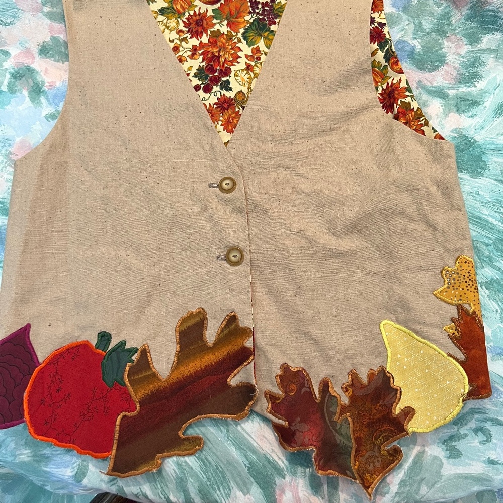Handmade Embroidered Autumn Thanksgiving Ladies Vest Small Beige Gold/Rust Leave